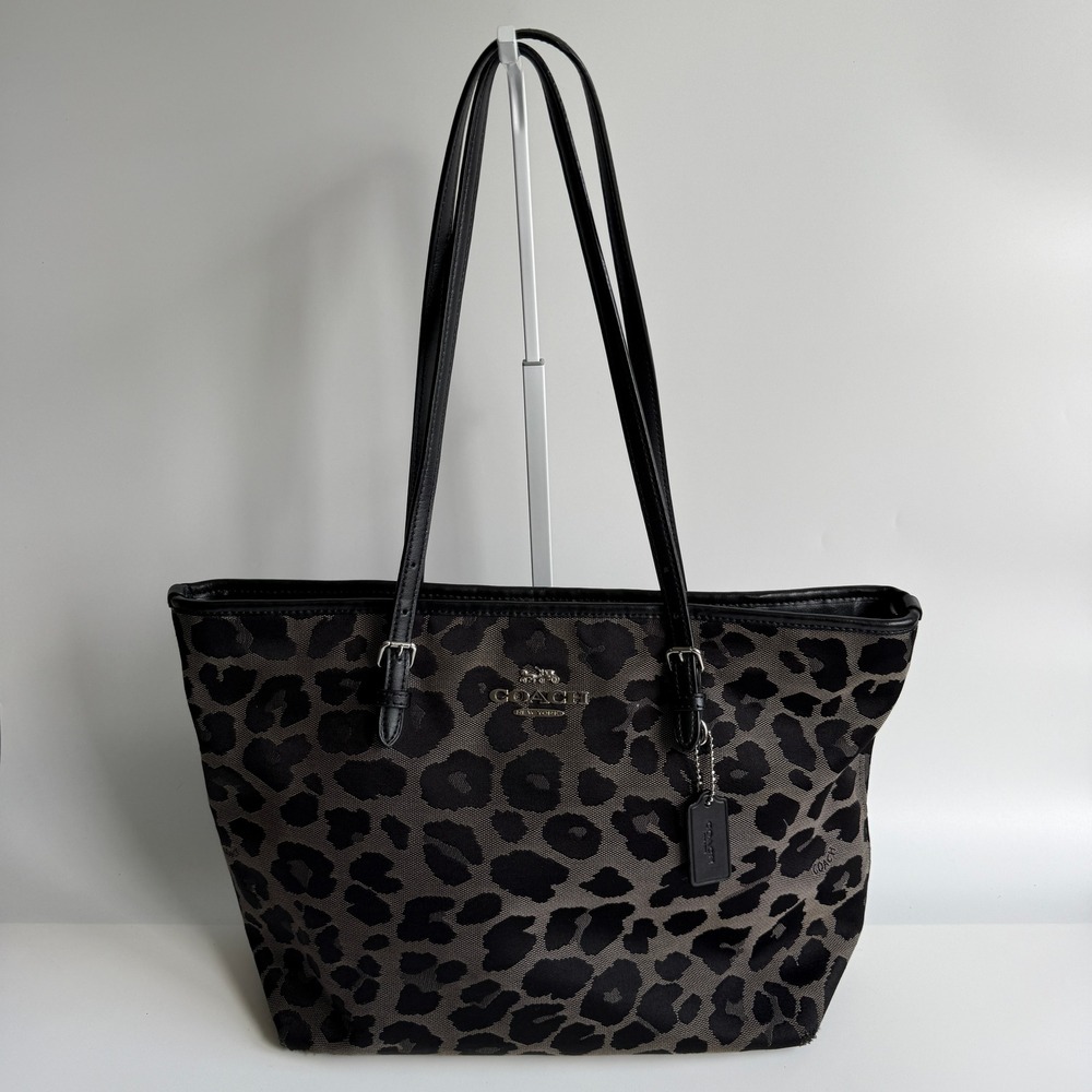 Coach Zip Top Tote Grey Black Leopard Canvas Shoulder Bag F39037